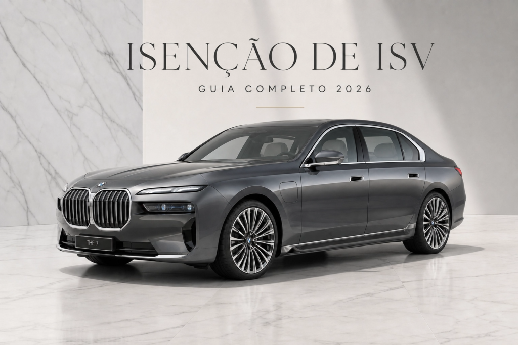 Gray BMW 7 Series sedan on a marble showroom floor with promotional text in the background.