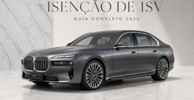 Gray BMW 7 Series sedan on a marble showroom floor with promotional text in the background.