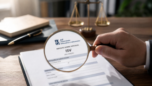 Magnifying glass over a form labeled ISV on a wooden desk, with a scales-of-justice statue blurred in the background.