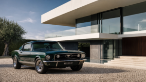 newsletter_6_base - Auto Social - Balcão Automóvel Green vintage Ford Mustang parked on a cobblestone driveway beside a modern white house with glass balcony rails.