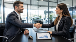Two business professionals in suits shake hands over a conference table in a modern office, smiling at each other, with a tablet showing charts nearby